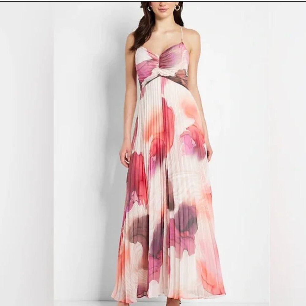 Express Multi color Printed sleeveless pleated maxi dress